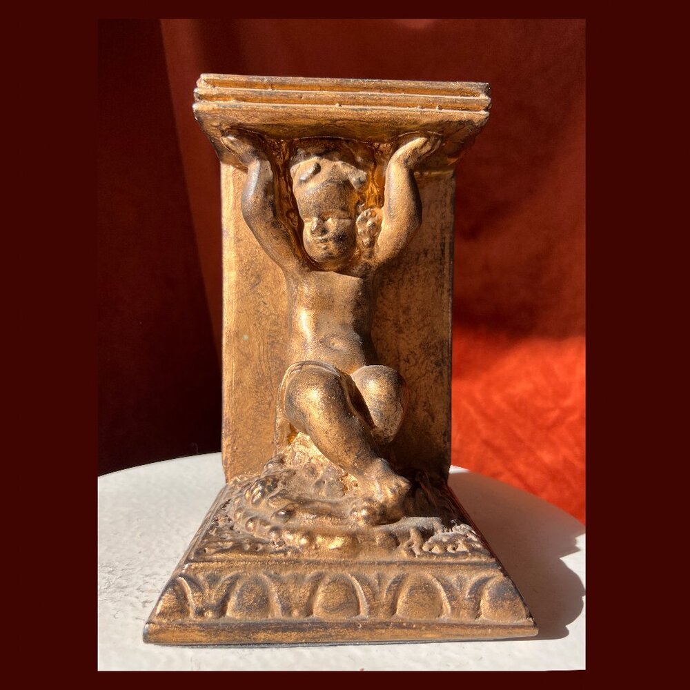 Vintage Wood Florentine Gold Cherub Book End Baroque Rococo Bronze Angel Decor
